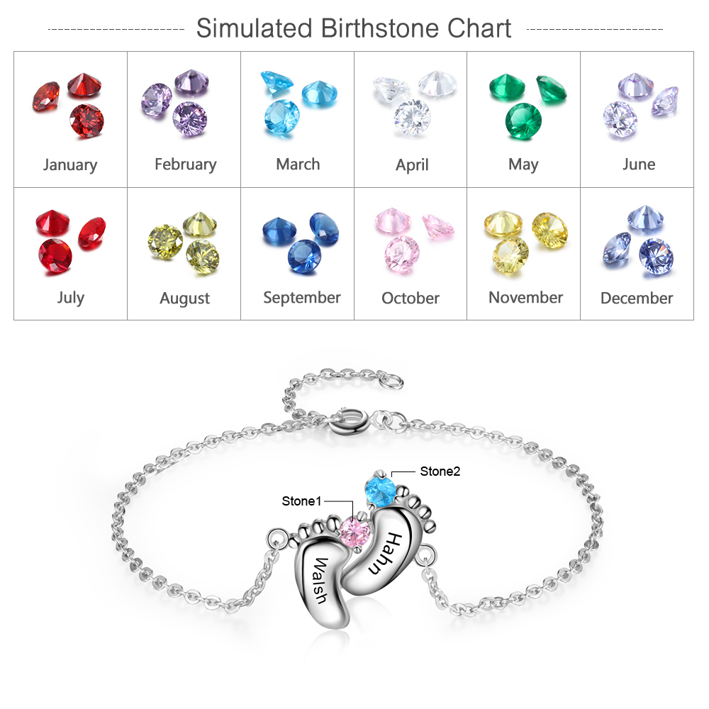 Personalized Baby Foot Bracelet With 2 Birthstones Engraved Names Gift For Mother