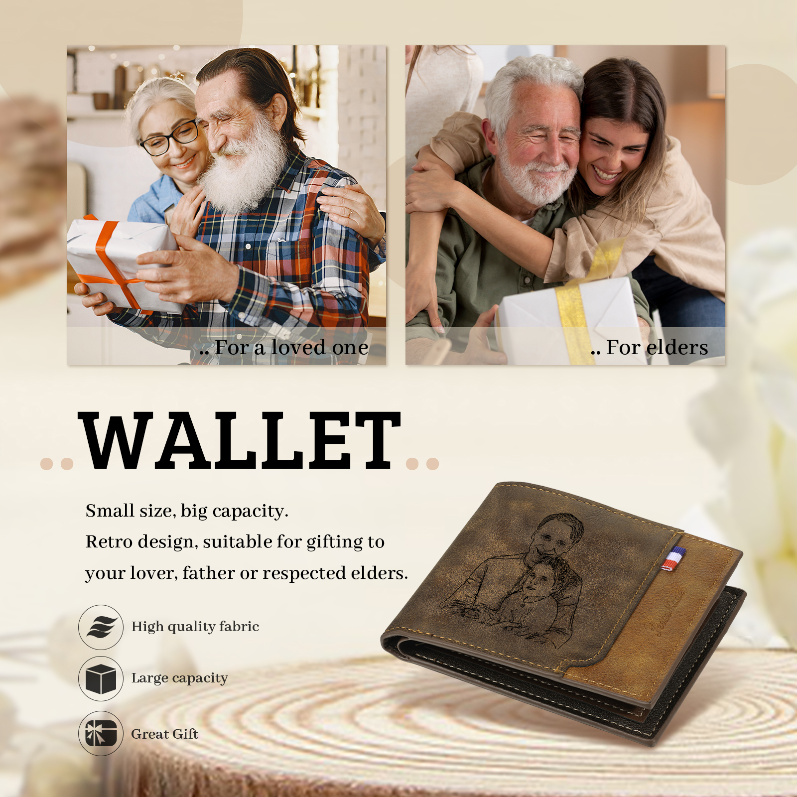 4 Names - Personalized Photo Custom Leather Men's Wallet as a Father's Day Gift for Dad