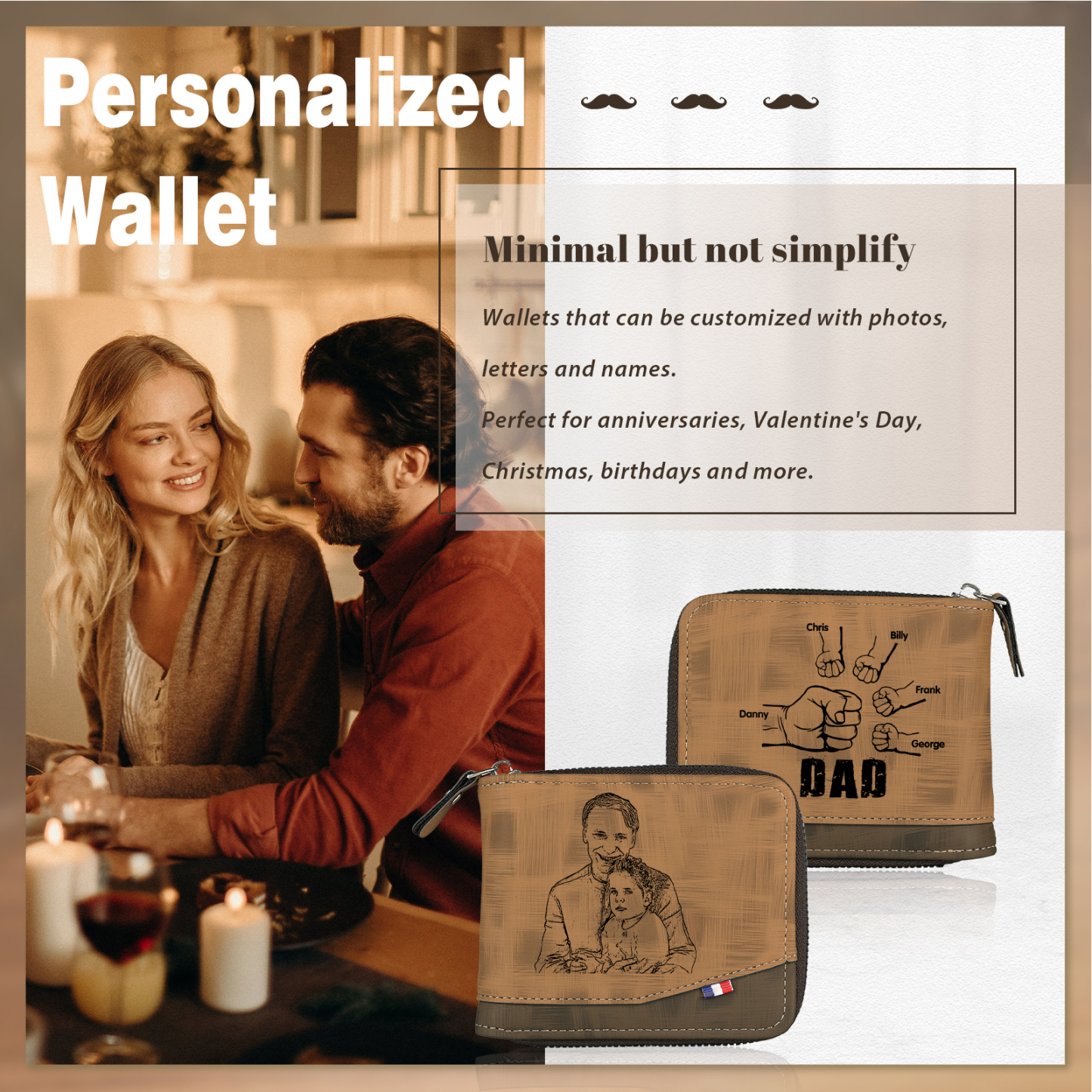 5 Names - Personalized Photo Custom Leather Men's Zipper Wallet as a Father's Day Gift for Dad