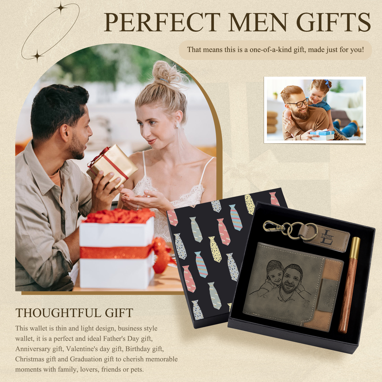 Personalized Leather Wallet Gift Box Set with Letter Name Keychain Customizable Photo Wallet Gift for Him