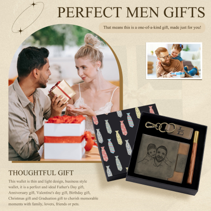 Personalized Leather Wallet Gift Box Set with Letter Name Keychain Customizable Photo Wallet Gift for Him