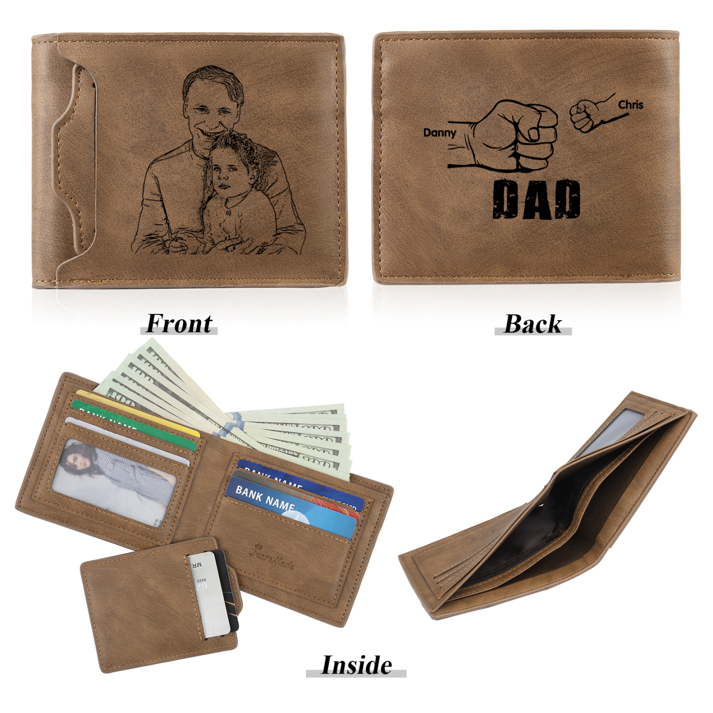 2 Names - Personalized Photo Custom Leather Men's Folding Wallet as a Father's Day Gift for Dad