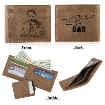 2 Names - Personalized Photo Custom Leather Men's Folding Wallet as a Father's Day Gift for Dad