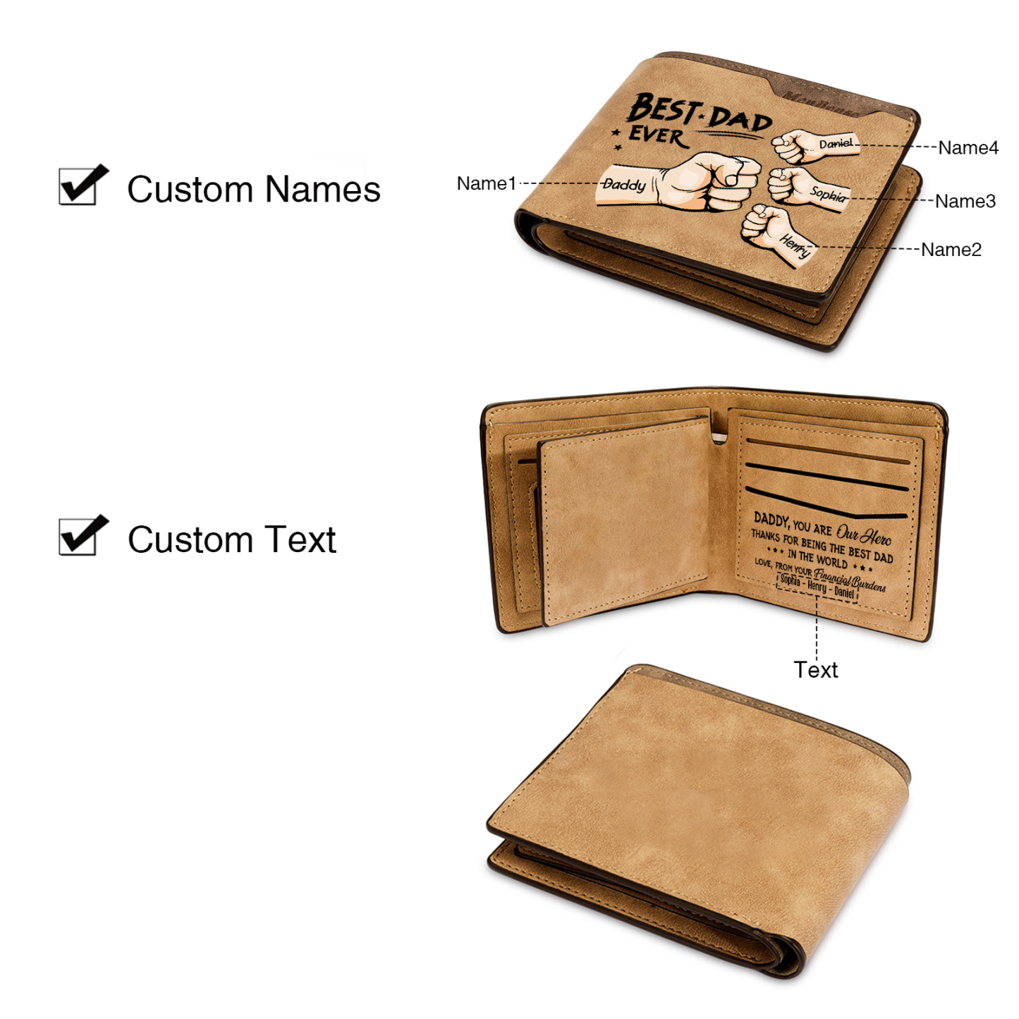 4 Names - Personalized Fist Bump Pattern Custom Text Leather Men's Wallet as a Father's Day Gift for Dad