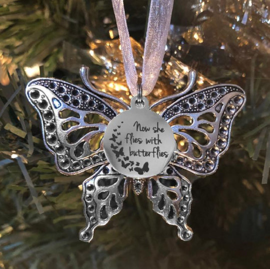"Now she flies with butterflies" Butterfly Christmas Memorial Ornament