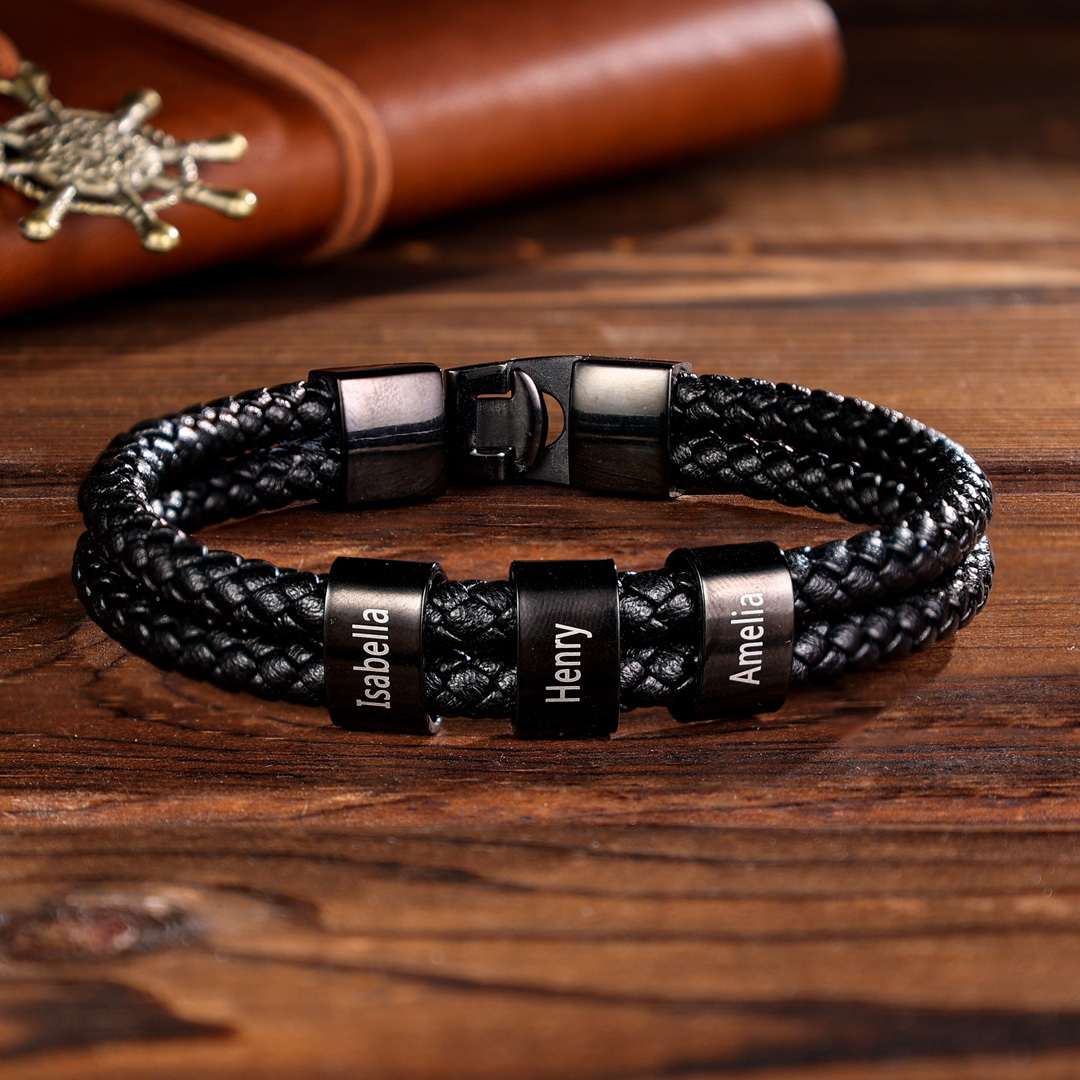 Personalized Men's Bracelet with Custom 2 Names Braided Leather Bracelet Set with Gift Box Valentine’s Day Gift for Him | Jessemade
