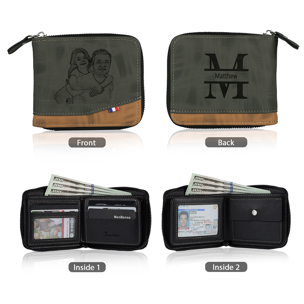 Photo Personalized Leather Zipper Men's Wallet Customized Name Letter Folding Wallet Three Colors Available with Gift Box for Dad