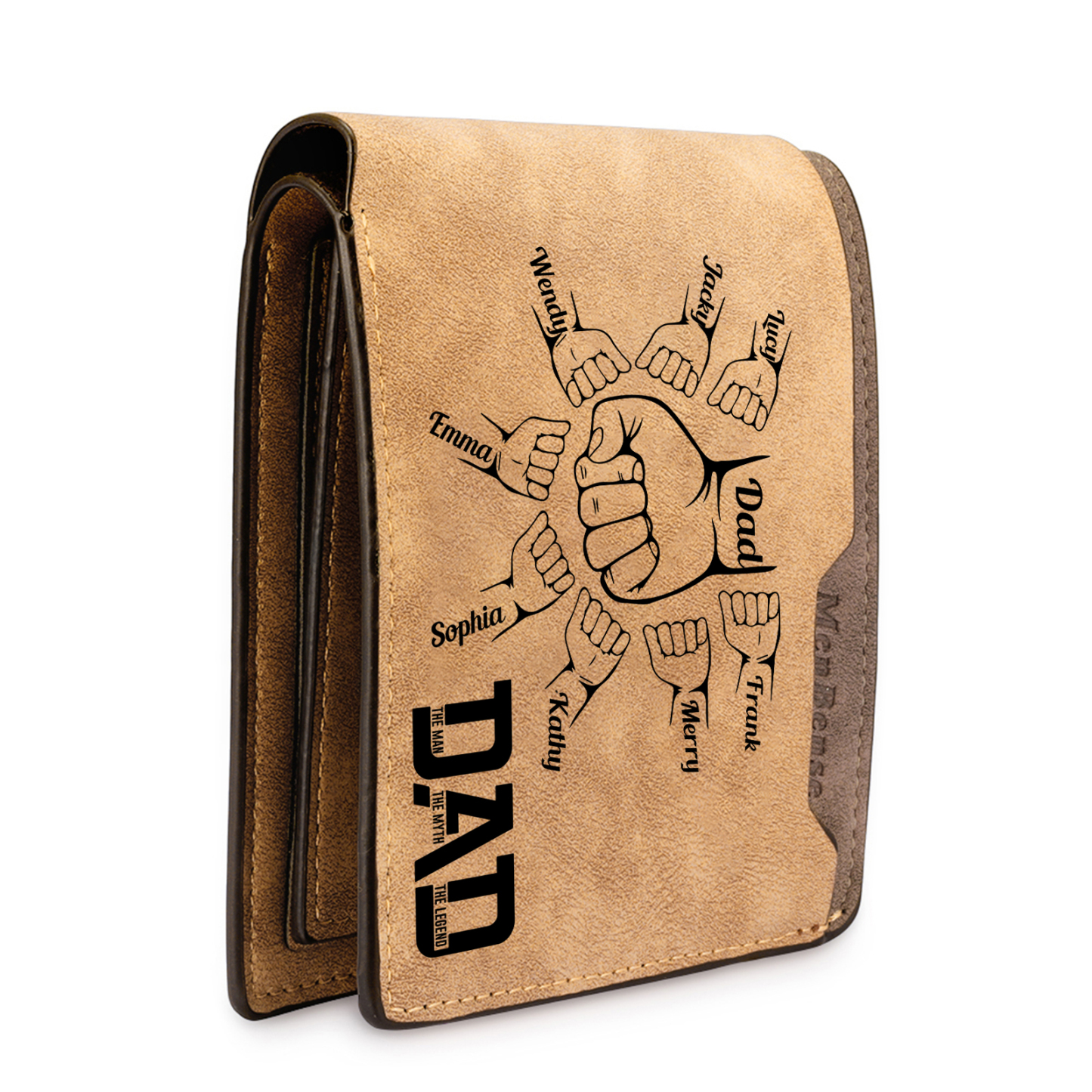 9 Names - Personalized Fist Bump Pattern Custom Name Leather Men's Wallet as a Father's Day Gift for Dad