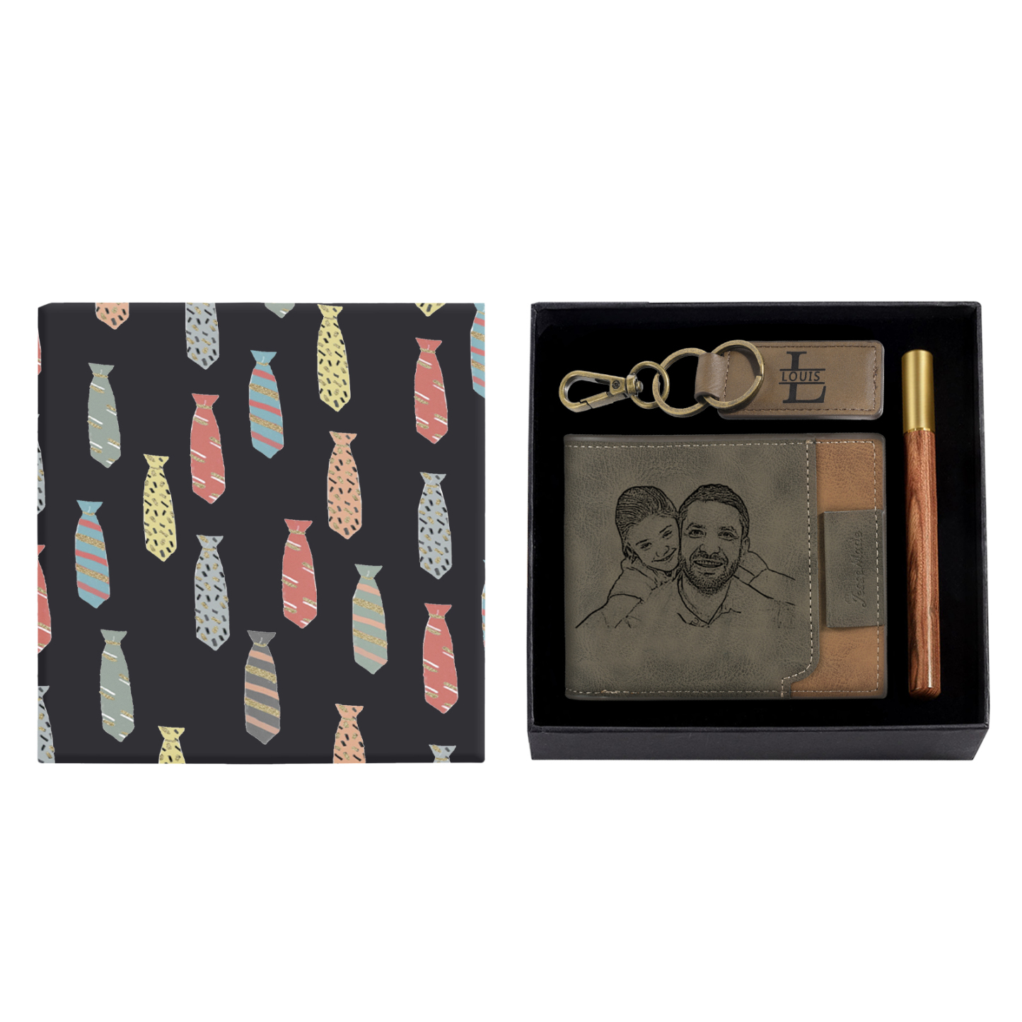 Personalized Leather Wallet Gift Box Set with Letter Name Keychain Customizable Photo Wallet Gift for Him