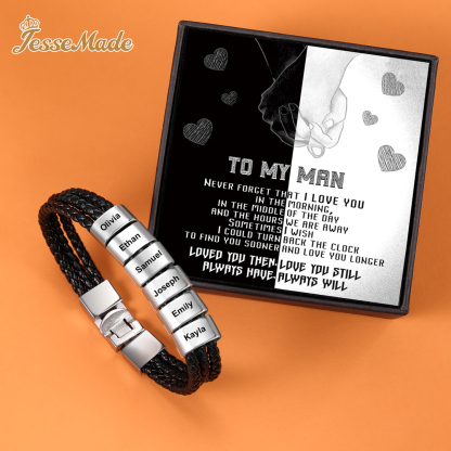 Personalized Braided Leather Bracelet Engraved 6 Names Men's Bracelet Gifts For Him