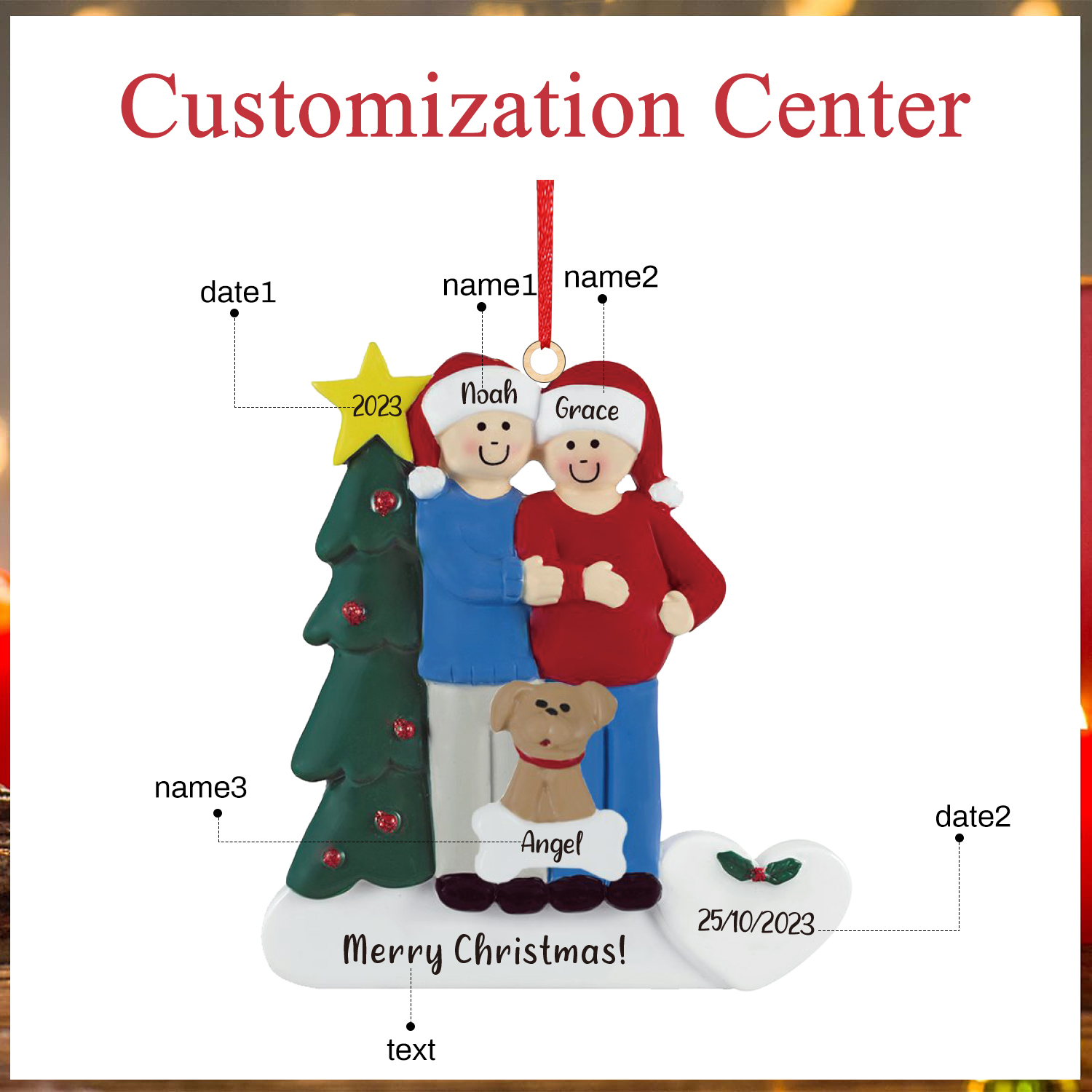 3 Names-Personalized Family Wooden Christmas Xmas Tree Decoration Ornament-Custom 3 Names And Dates Hanging Ornament Gifts For Family