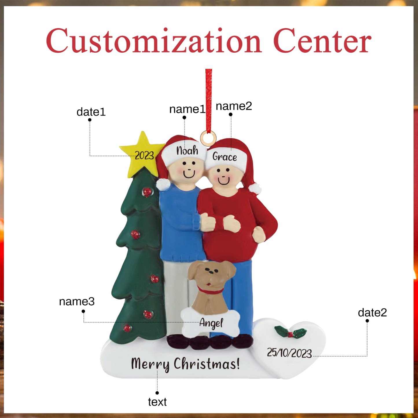 3 Names-Personalized Family Wooden Christmas Xmas Tree Decoration Ornament-Custom 3 Names And Dates Hanging Ornament Gifts For Family