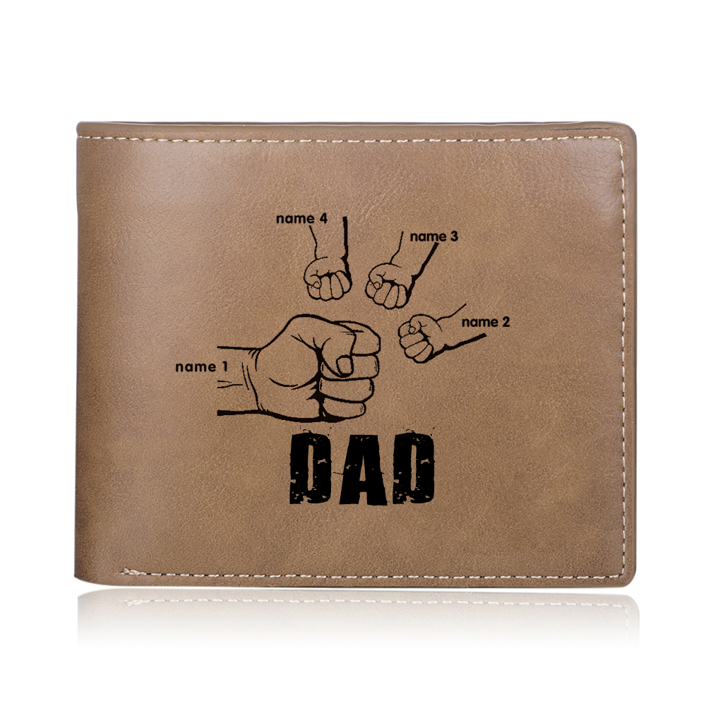 Personalized Leather Mens Wallet Engraved 4 Names Fist Bump Folding Wallet Father's Day Gifts