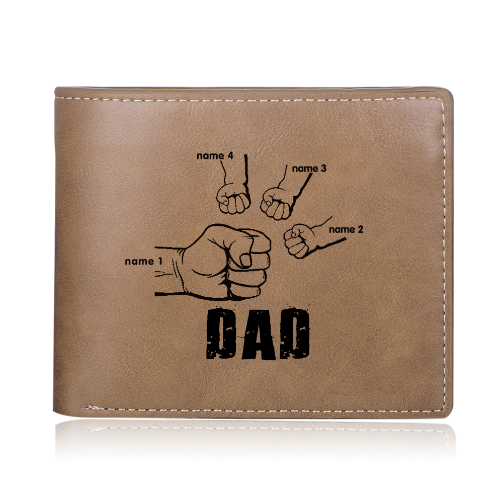 Personalized Leather Mens Wallet Engraved 4 Names Fist Bump Folding Wallet Father's Day Gifts
