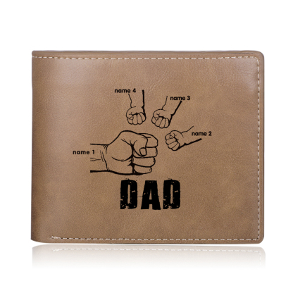 Personalized Leather Mens Wallet Engraved 4 Names Fist Bump Folding Wallet Father's Day Gifts