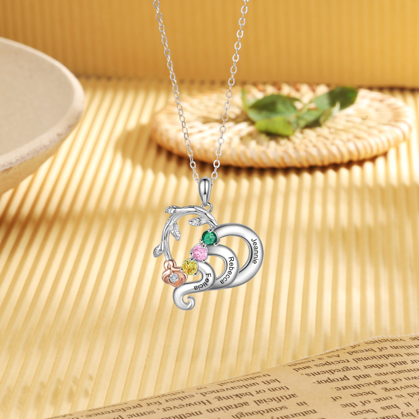 Personalized Rose Flower Heart Necklace With 3 Birthstones And Earring Custom Names Necklace For Her