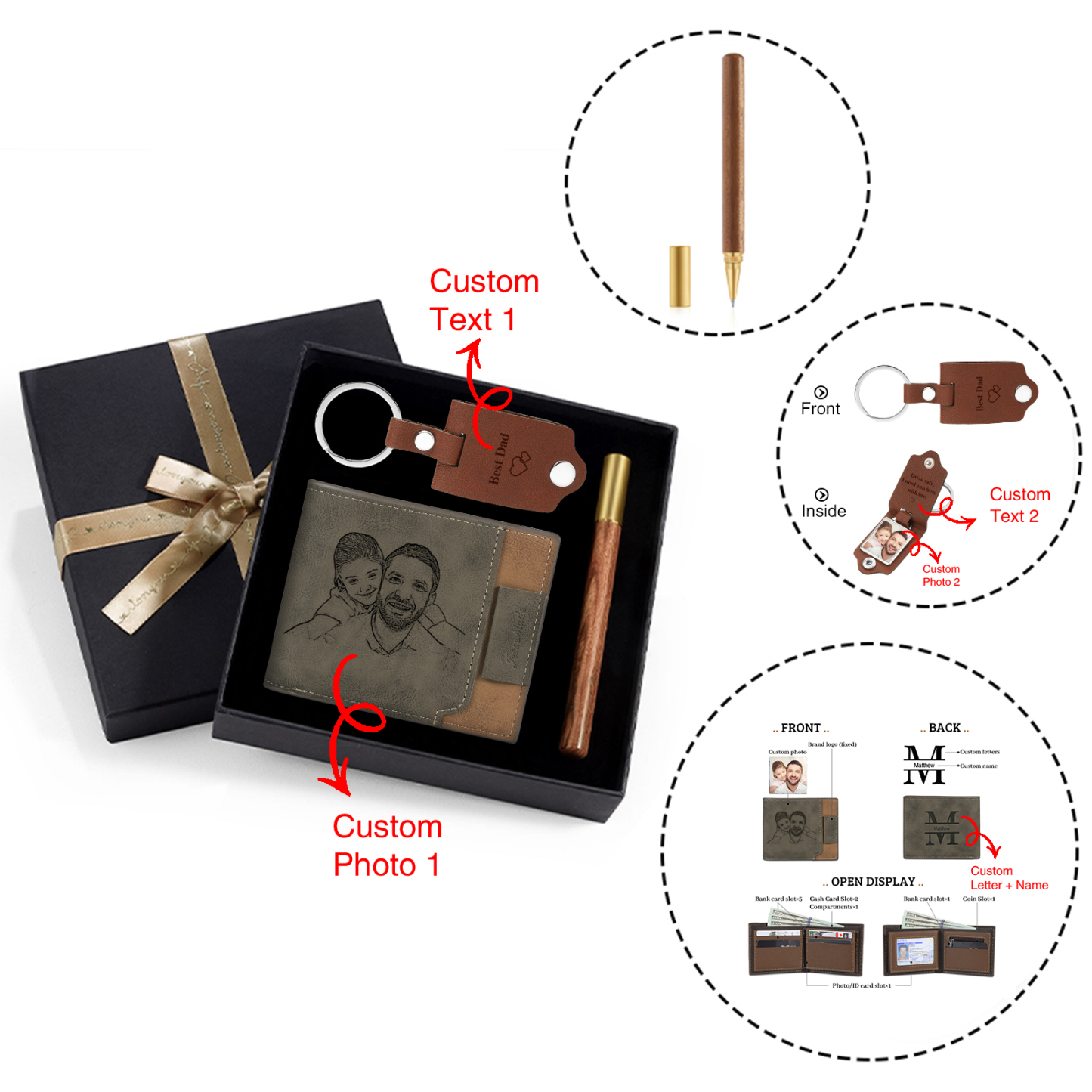 Photo Personalized Leather Wallet Gift Box Set with Keychain Customizable Letter Name Wallet Gift for Him