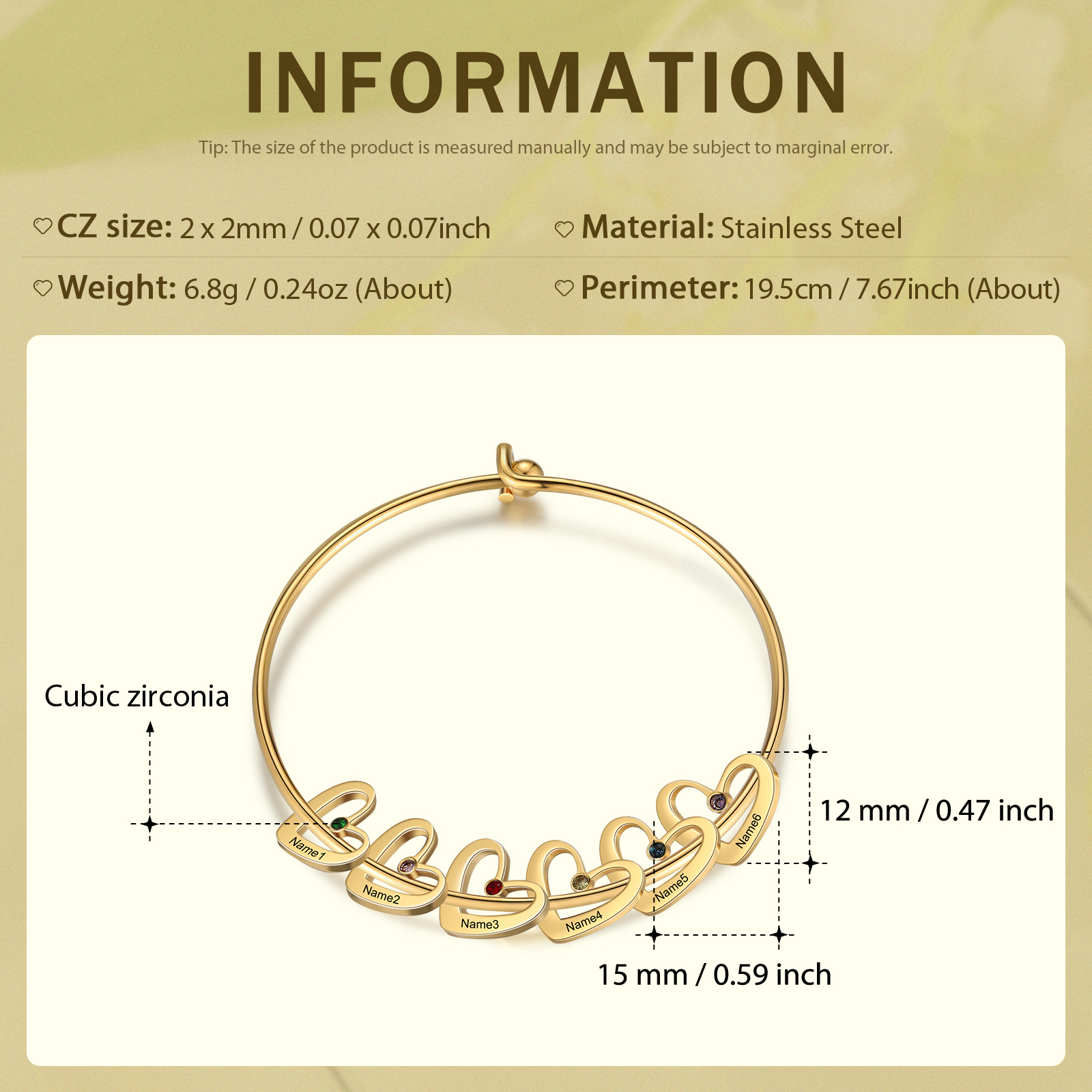 Personalized Heart Bangle With 6 Names and Birthstones Bangle Bracelet Mother's Day Gifts For women