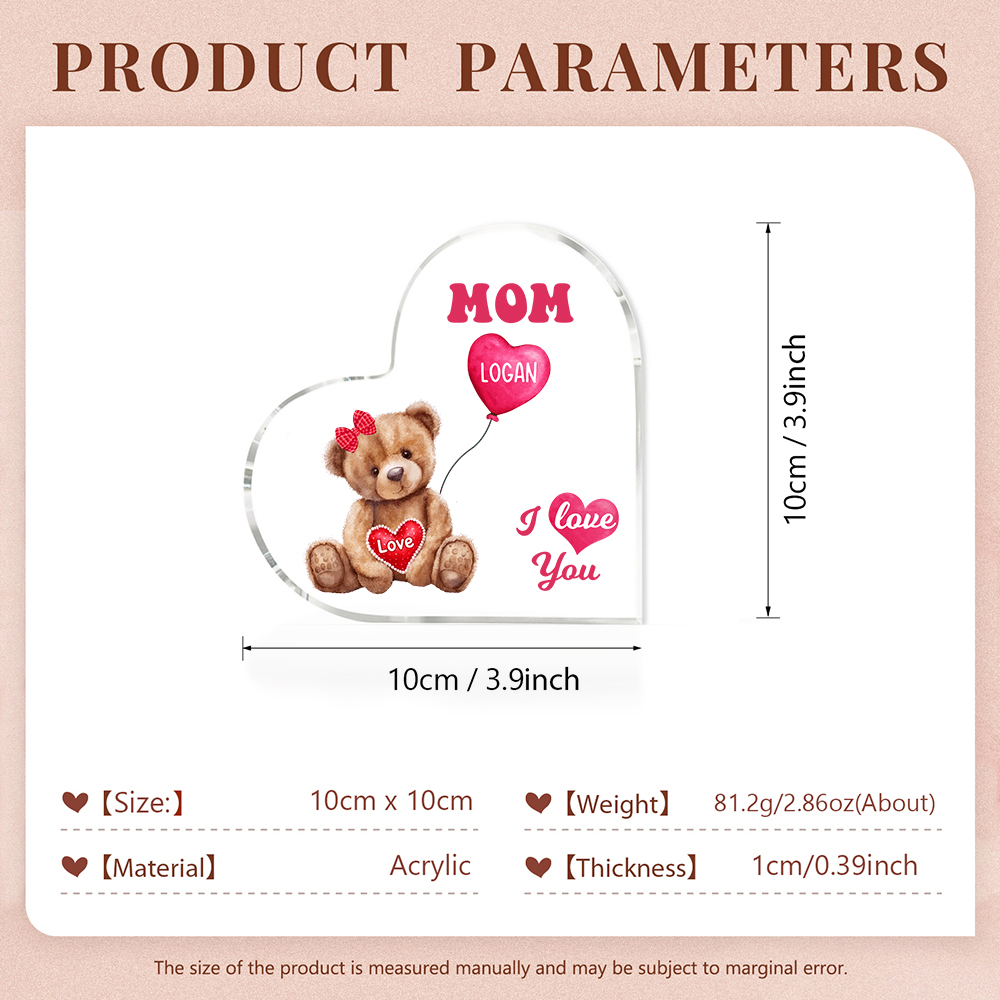 1 Name-Personalized Bear Acrylic Heart Keepsake Custom Text Acrylic Plaque Ornaments Gifts for Mum