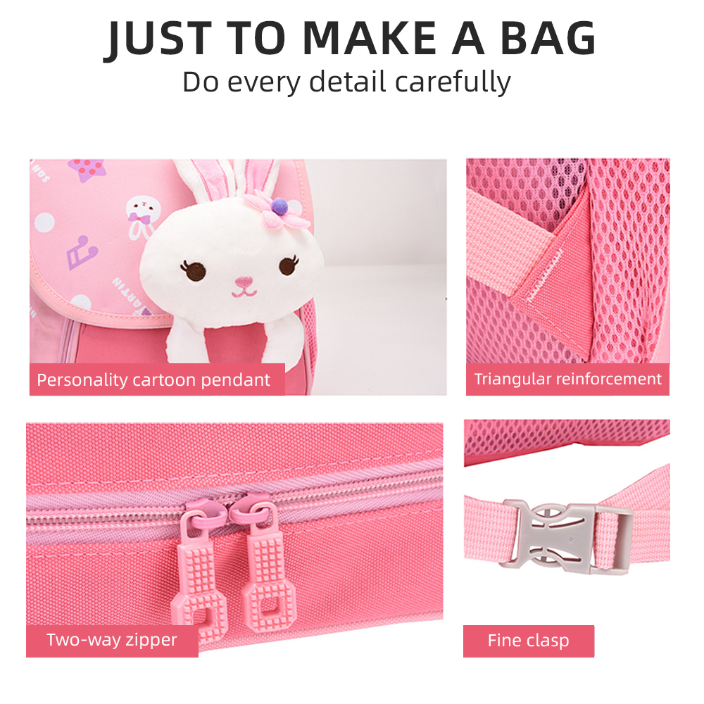 Personalized Pink Bunny Children School Bag Embroidery Name Black Backpack, Customized Schoolbag Travel Bag For Kids