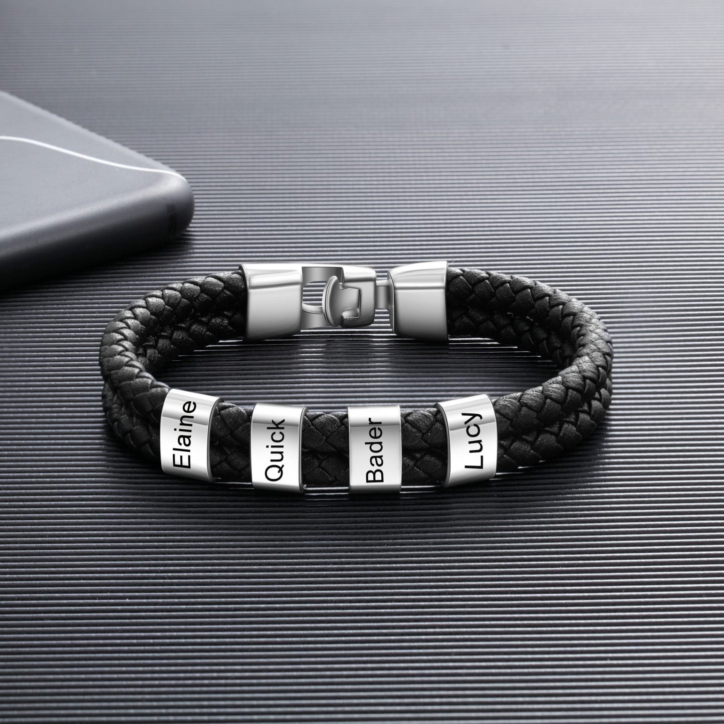 Personalized Braided Leather Bracelet Engraved 4 Names Men's Bracelet for Him
