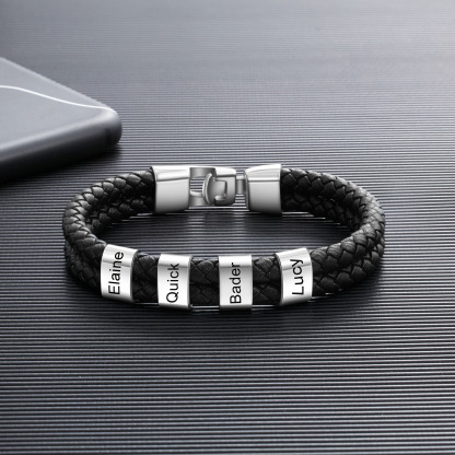 Personalized Braided Leather Bracelet Engraved 4 Names Men's Bracelet for Him