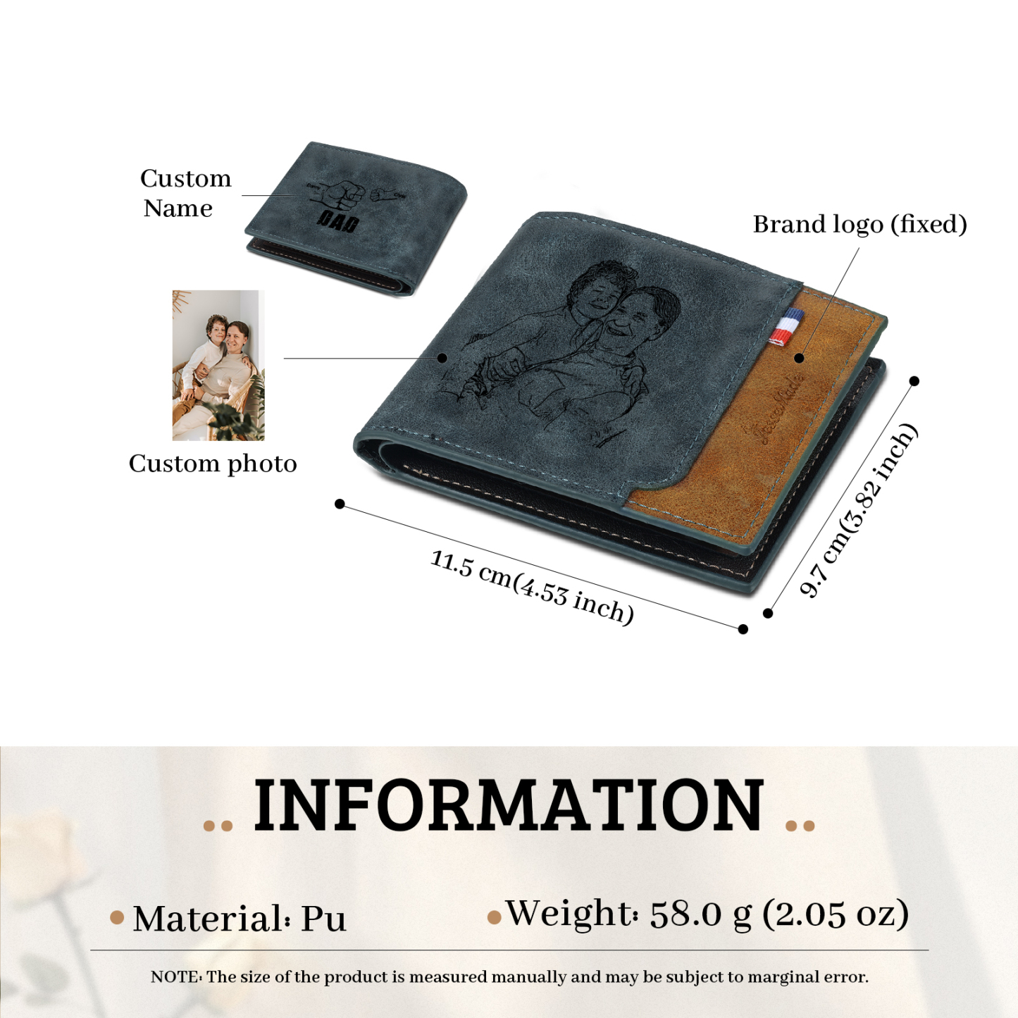 2 Names - Personalized Photo Custom Leather Men's Wallet as a Father's Day Gift for Dad