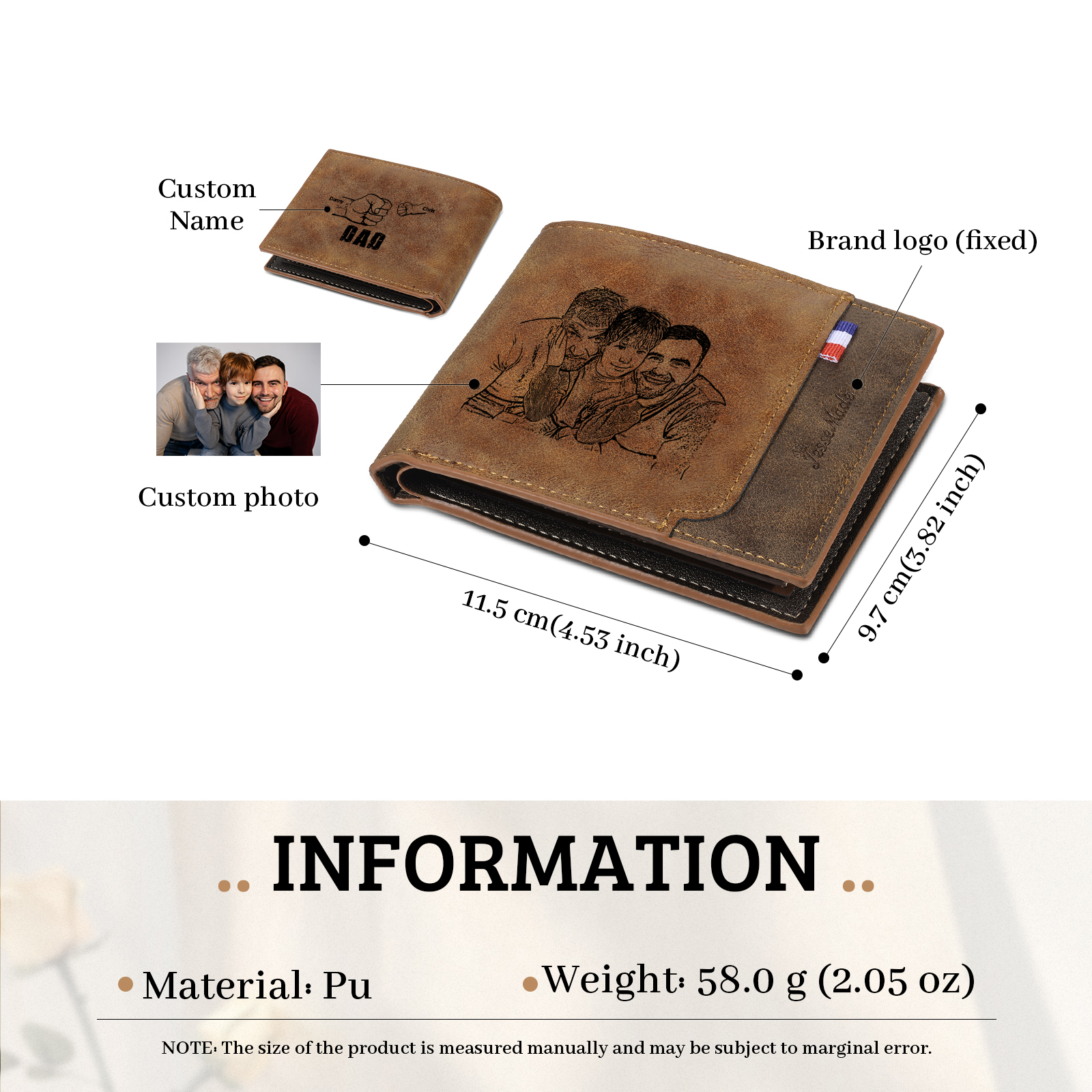2 Names - Personalized Photo Custom Leather Men's Folding Wallet as a Father's Day Gift for Dad