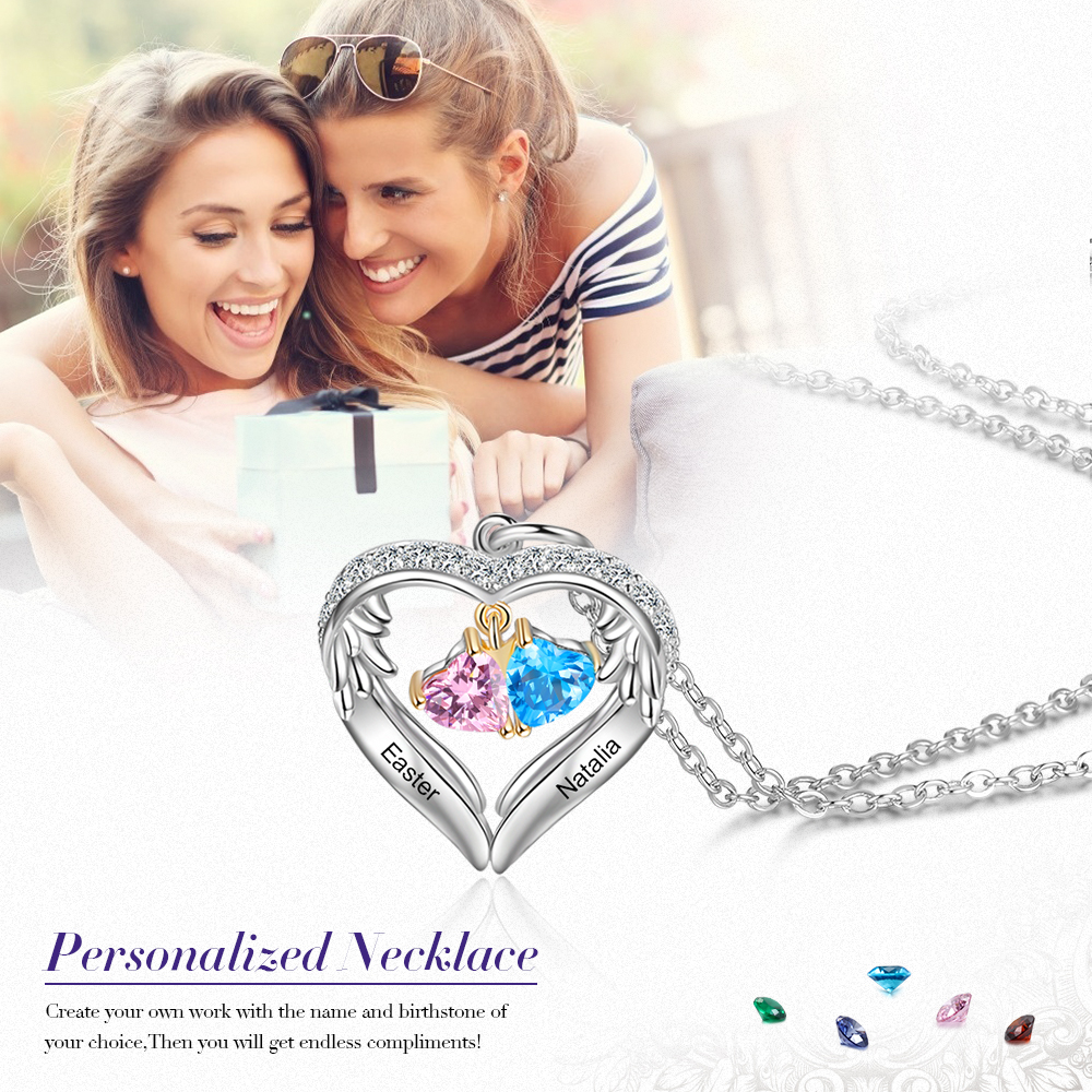 Personalized Wings S925 Silver Necklace With 2 Heart Birthstones Engraved Names Gift For Women