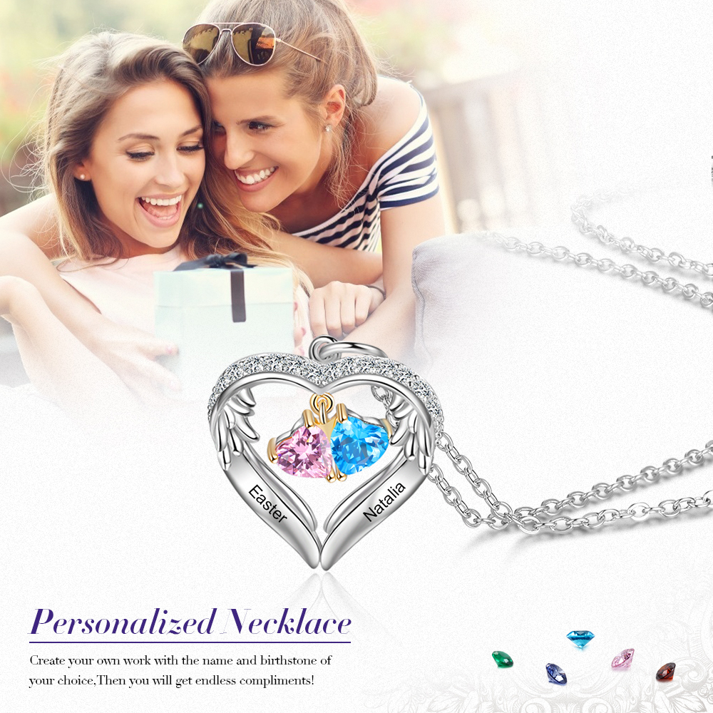 Personalized Wings S925 Silver Necklace With 2 Heart Birthstones Engraved Names Gift For Women