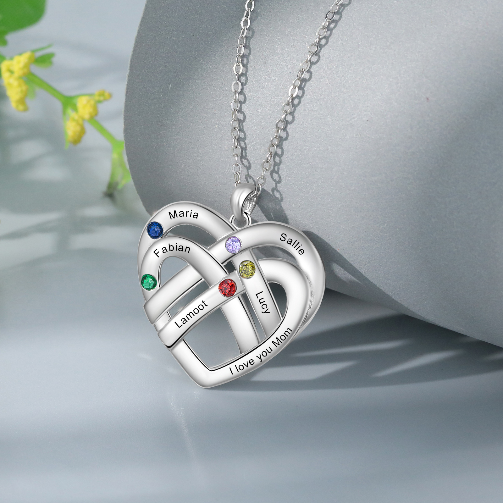 5 Names - Personalized Double Layer Heart Necklace with Custom Name and Birthstone, As a Mother's Day Gift for Mom