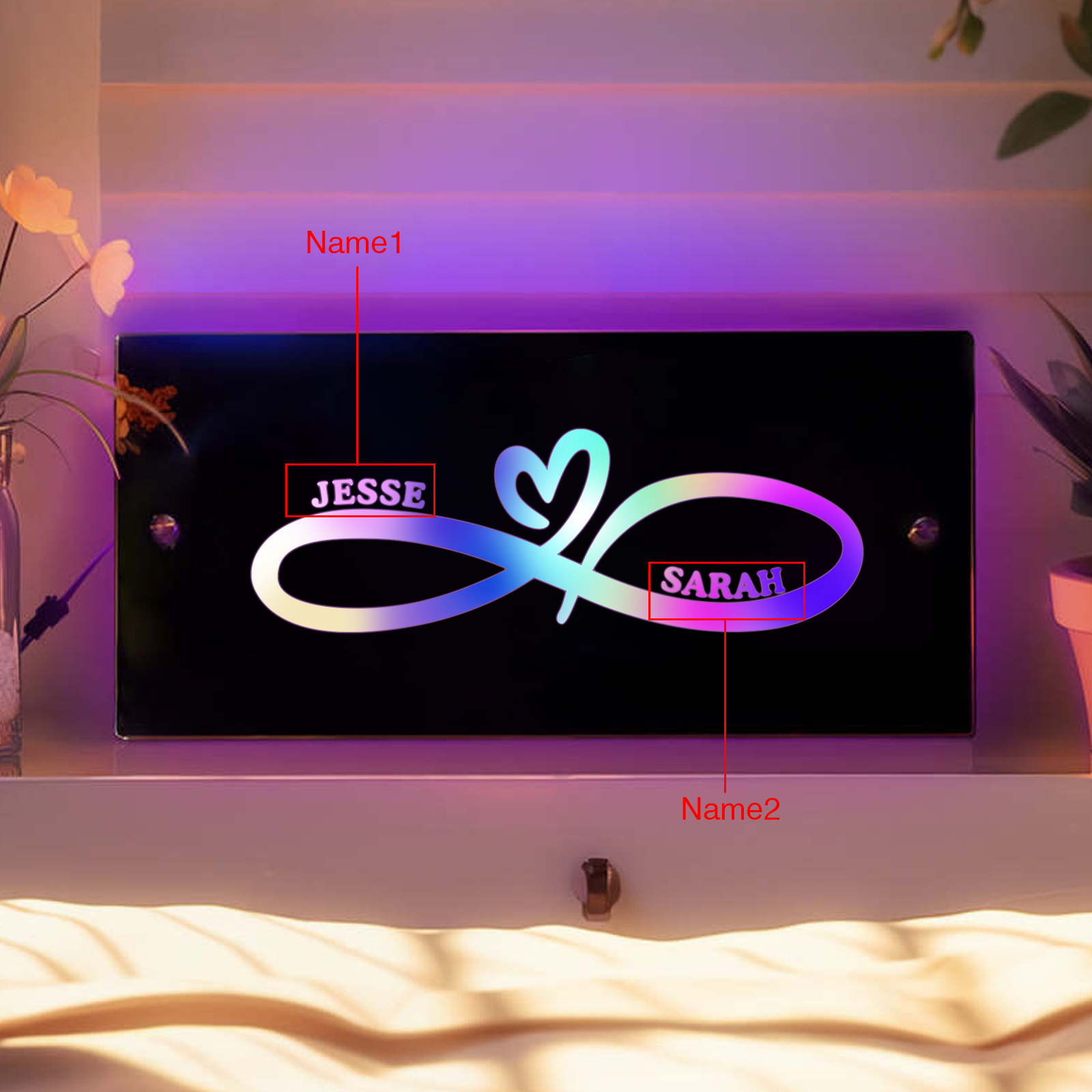 Personalized 2 Names Couple Name Mirror Led Light Custom Luminous Mirror Hanging Decoration Bedroom Gift For Her