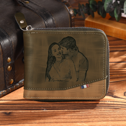 Personalized Name Leather Men's Zipper Wallet With Card Slot Engraved Letter And Photo Gift For Him