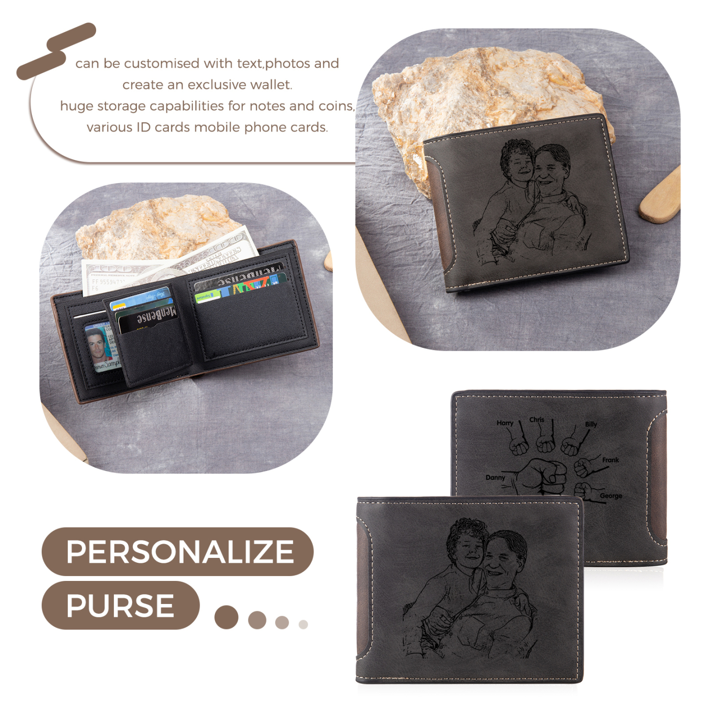 6 Names - Personalized Photo Custom Leather Men's Folding Wallet as a Father's Day Gift for Dad