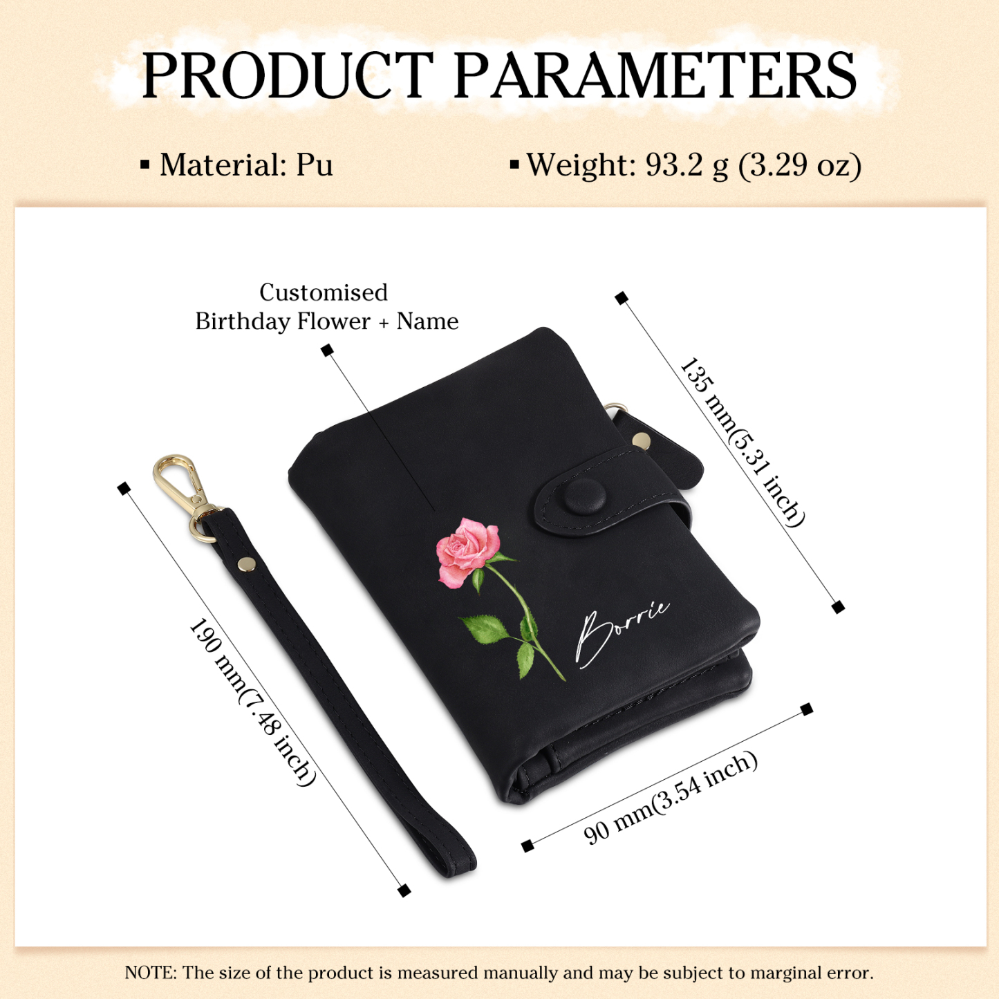 Black Color Personalized Birthday Flower Leather Wallet Engraving Name Wallet Gifts for Women