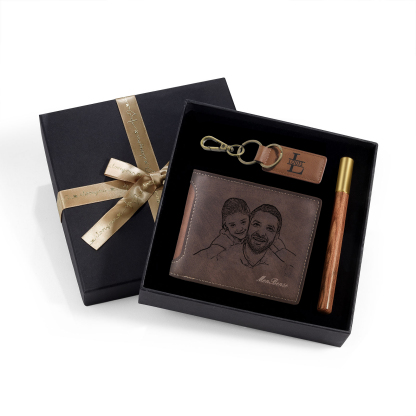 Photo Personalized Leather Wallet Gift Box Set with Keychain Customizable Letter Name Wallet Gift for Him