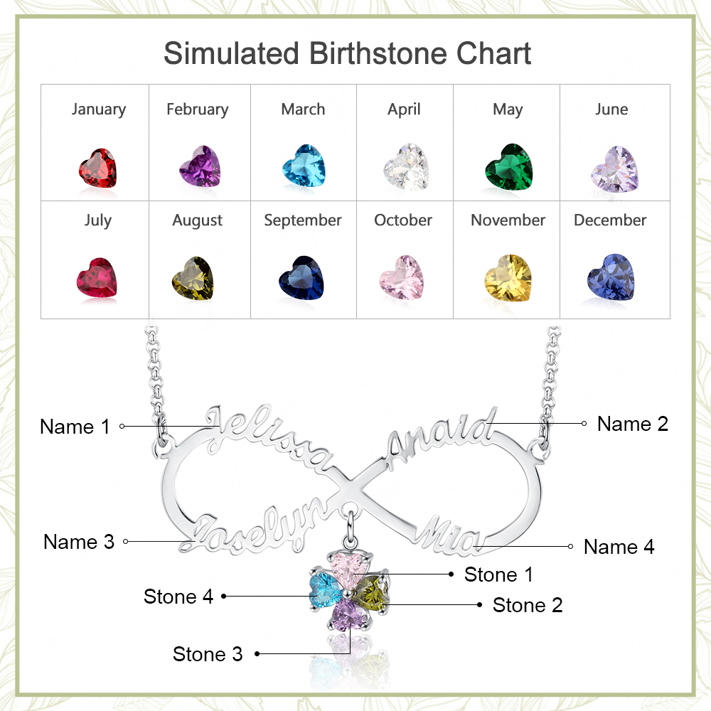 Personalized Infinity Necklace With 4 Birthstones Engraved Names Necklace Gift For Women