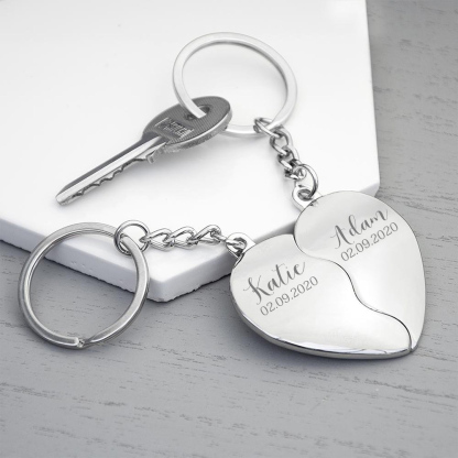 2-Names Personalized Heart Puzzle Couple Keychain Engrave Names And Date Matching Couple Gifts, Special Gift For Him