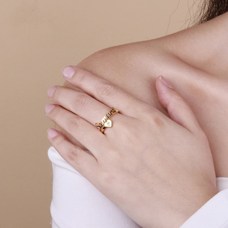 Personalized Heart Ring With Birthstone Custom 1 Name Ring Gifts For Her