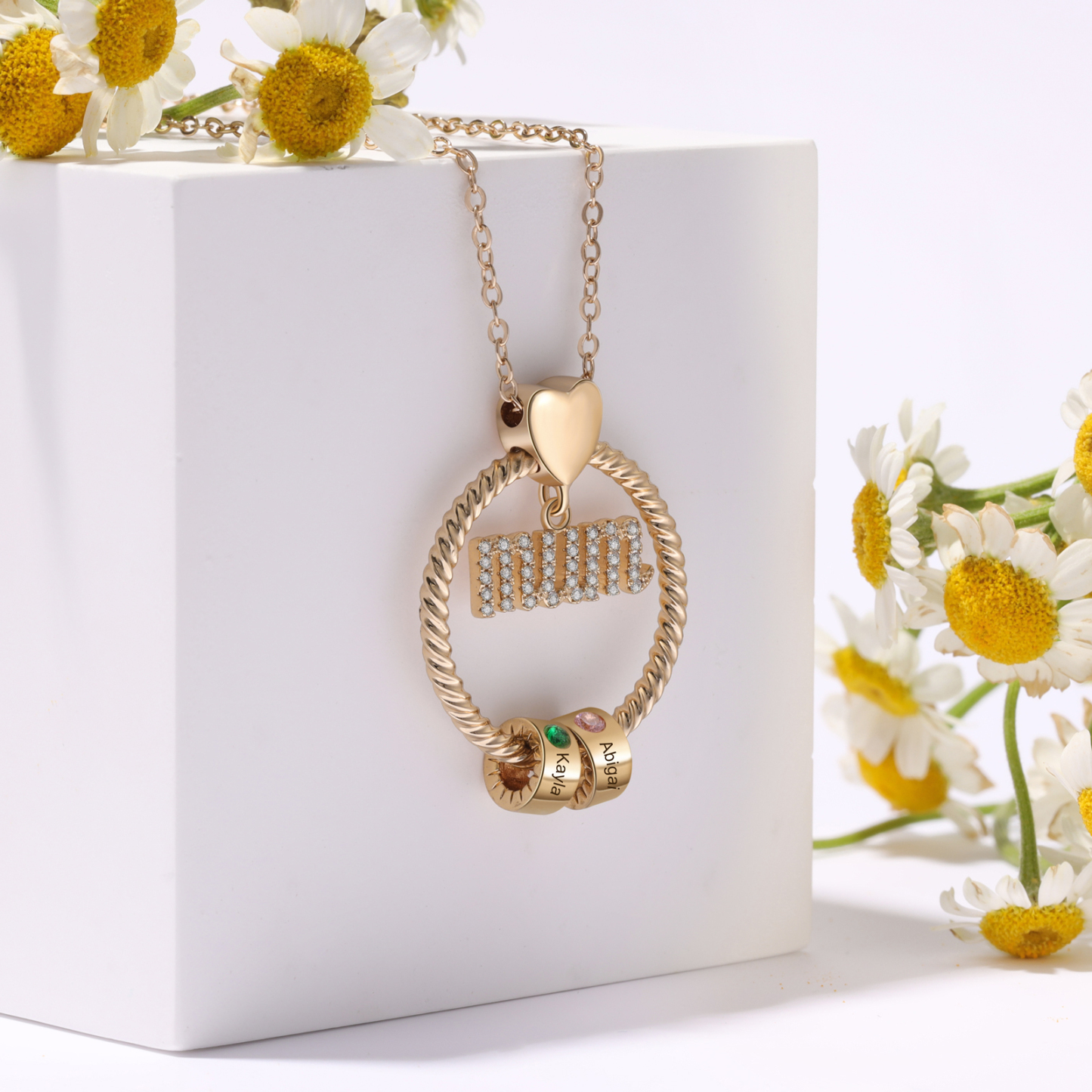 Personalized Circle Necklace With 2 Birthstones Pendant Engraved Names Gift For Mum