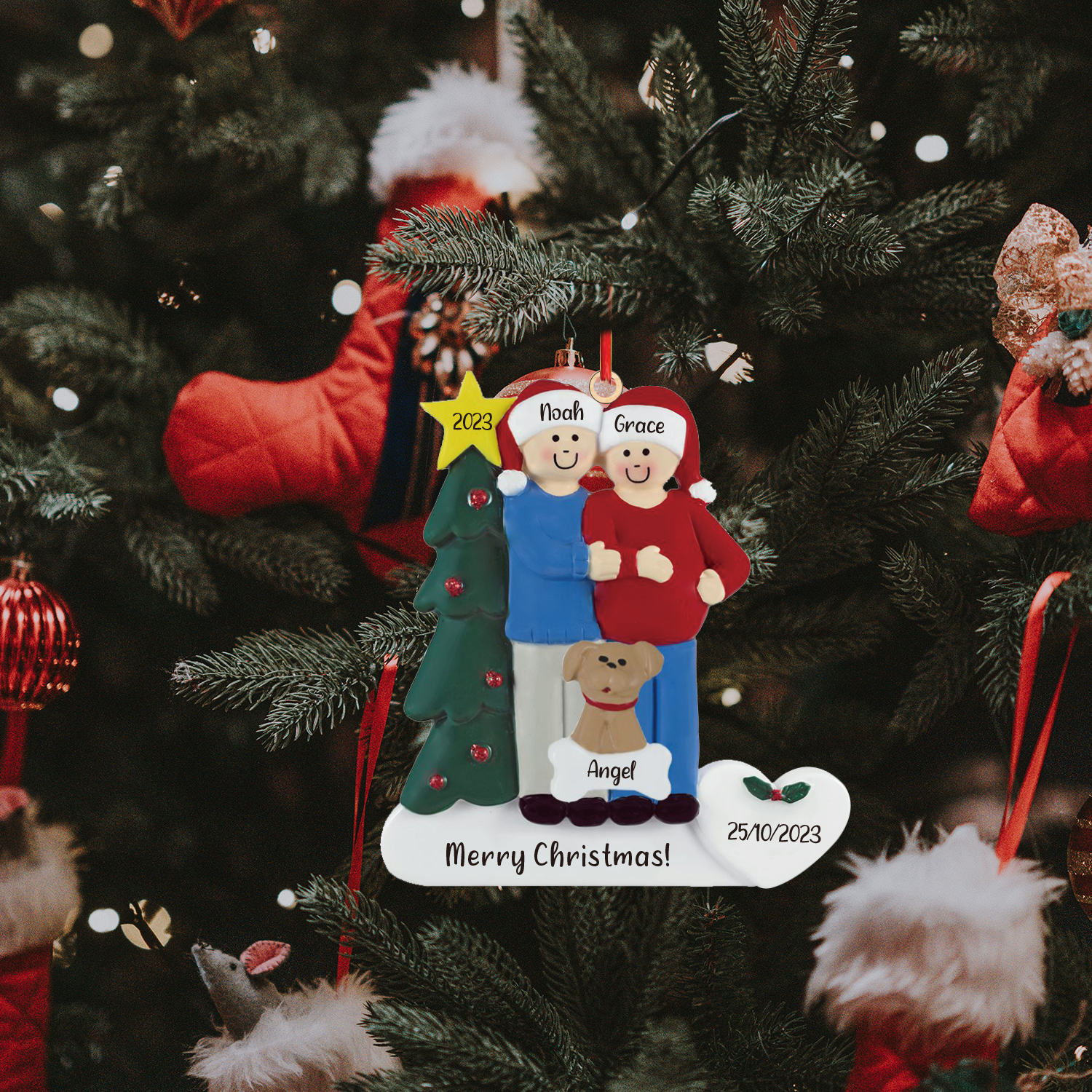 3 Names-Personalized Family Wooden Christmas Xmas Tree Decoration Ornament-Custom 3 Names And Dates Hanging Ornament Gifts For Family