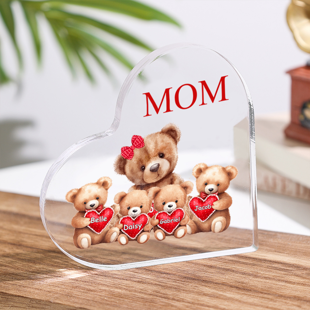 Personalized Heart Shaped Acrylic Plaque - Bears - with 1-7 names & flowers - Gift for Mom