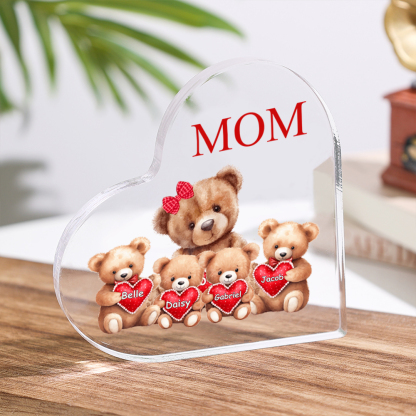 Personalized Heart Shaped Acrylic Plaque - Bears - with 1-7 names & flowers - Gift for Mom