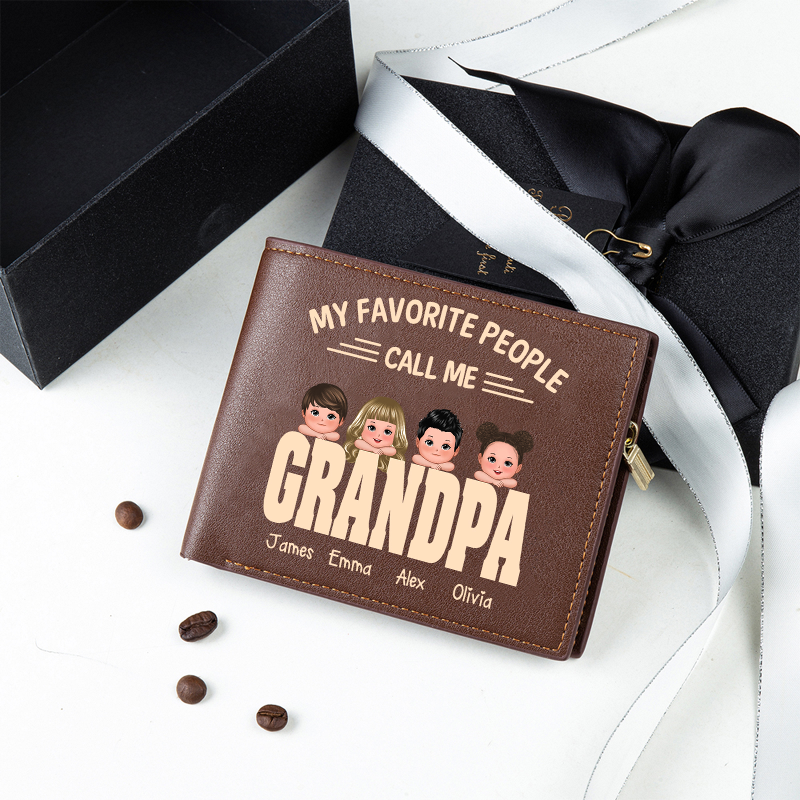 Custom Grandpa Leather Wallet Personalized with 1-6 Kids Names Gift for Grandfather | Jessemade