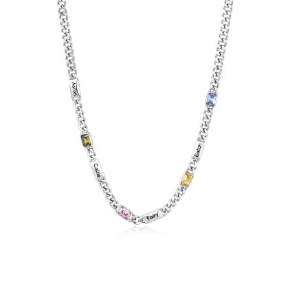 Personalized Cuban Chain Men Necklace Custom With 1-6 Names And Birthstones Gift For Dad Or Husband