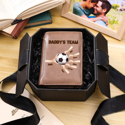 Personalized Football Leather Wallet for Dad with 2–6 Kids Names and Fist Bump Design
