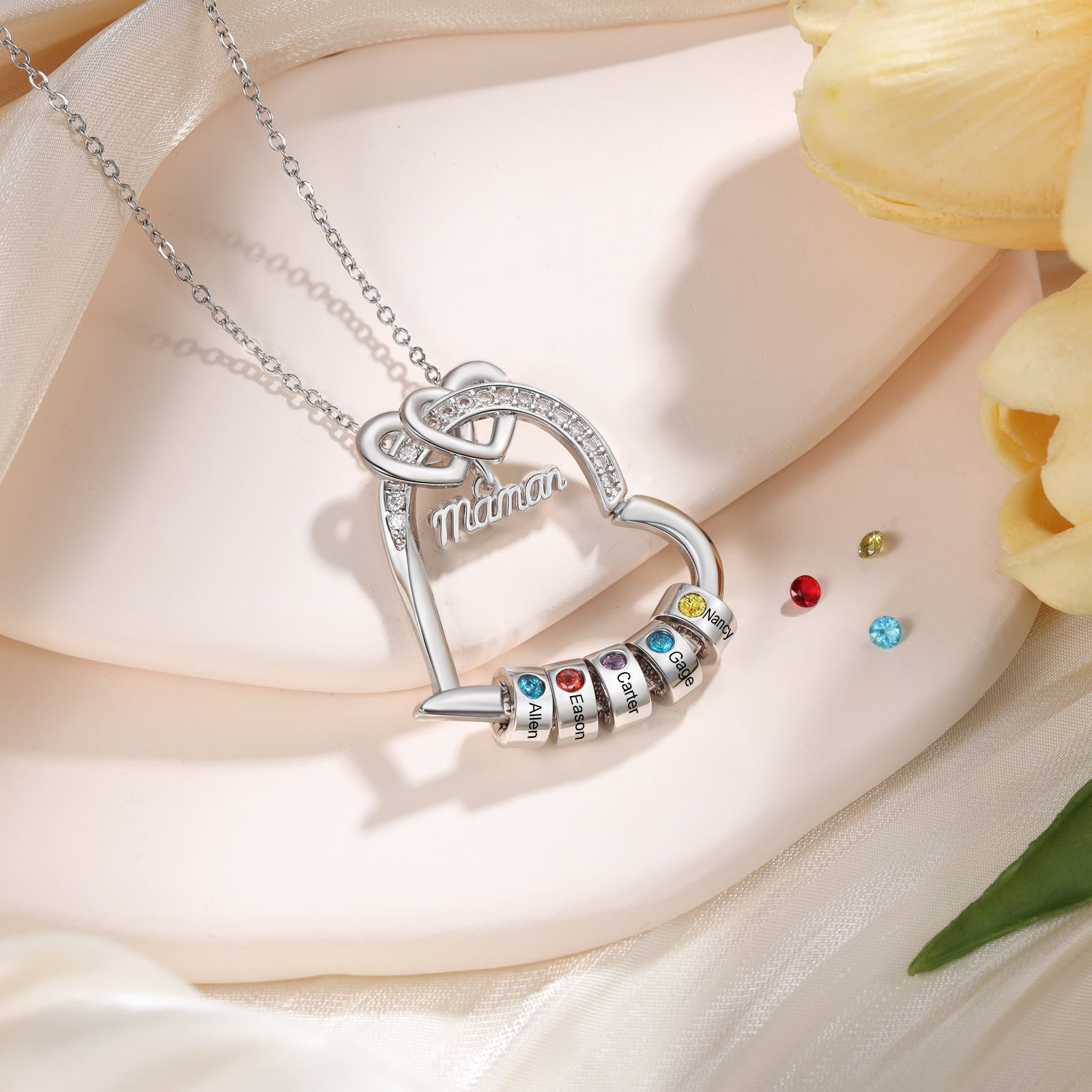 Personalized Mom Heart Necklace with 1–5 Names and Birthstones
