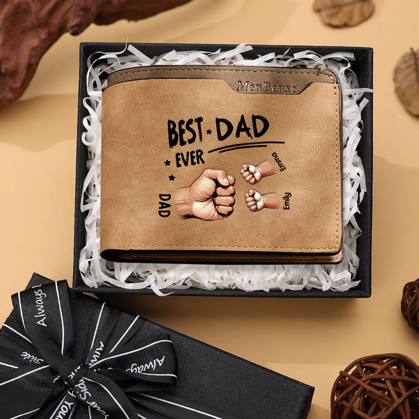 Best Dad Ever - Personalized Leather Wallet Custom 2-7 Names and Fist Bump| Father's Day Gift for Dad | Jessemade