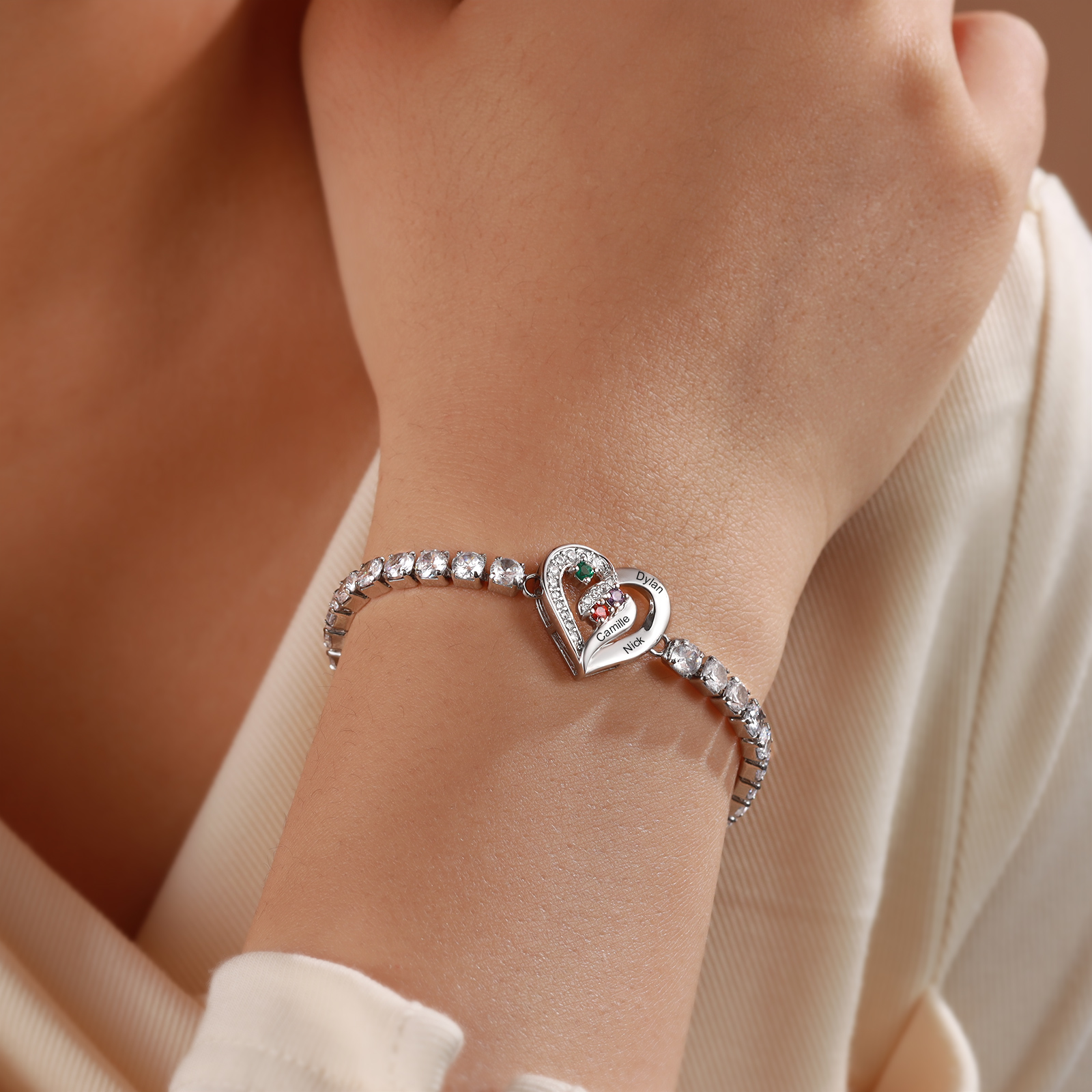Personalized Diamond Heart Birthstone Tennis Bracelet with 2–5 Custom Names