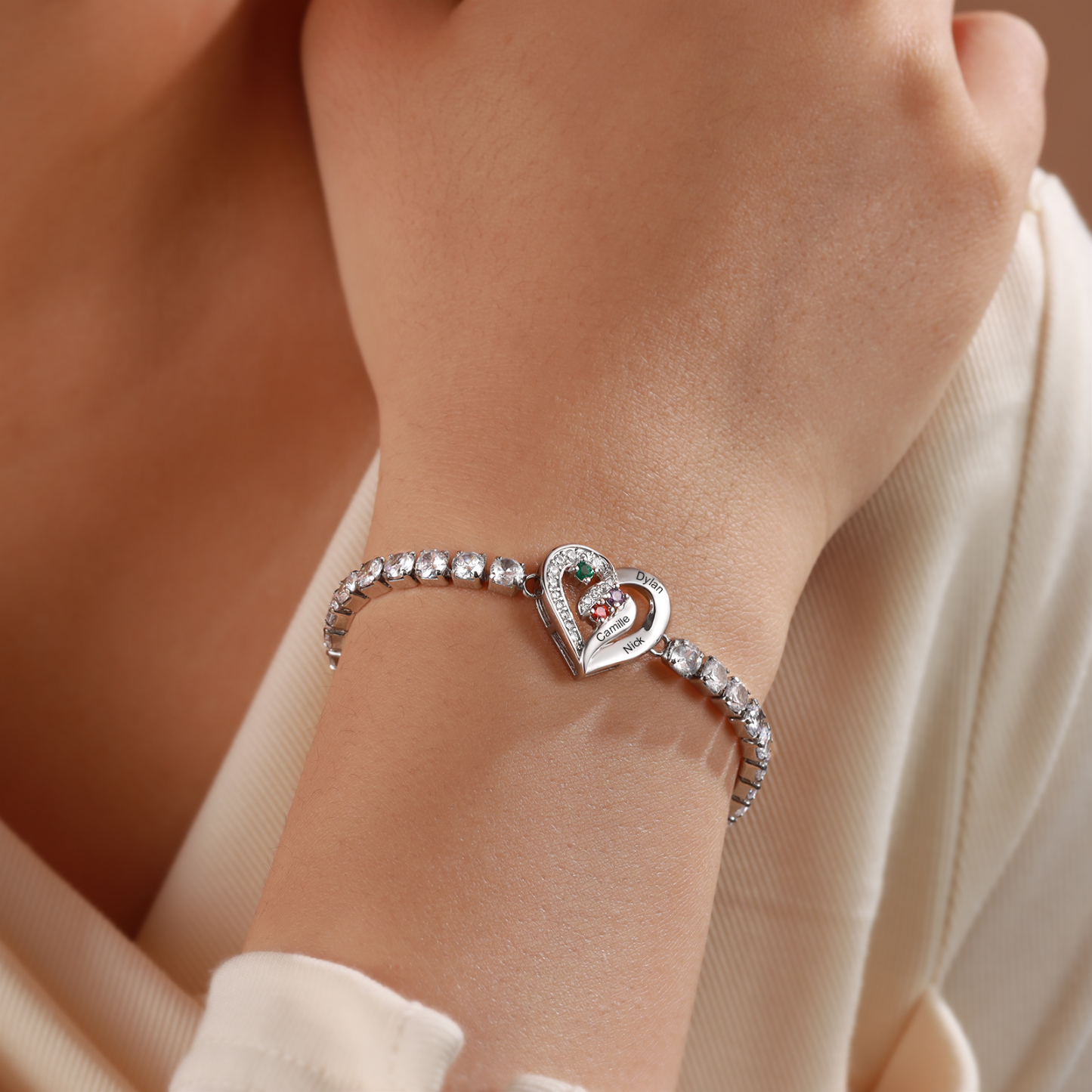 Personalized Diamond Heart Birthstone Tennis Bracelet with 2–5 Custom Names